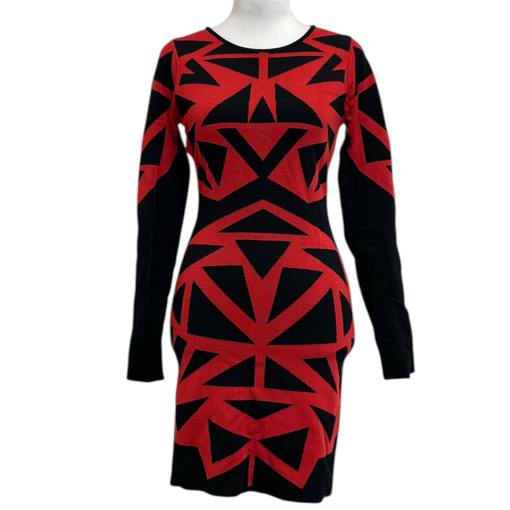 Parker Red & Black Geometric Print Marzi Knit Bodycon Mini Dress